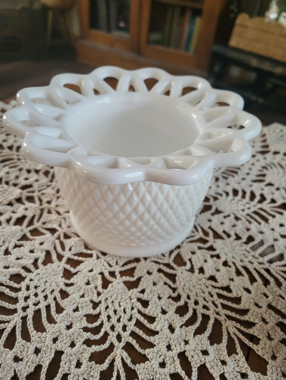 3.25" Vintage Lace Edge White Milk Glass Diamond Point Bowl Imperial